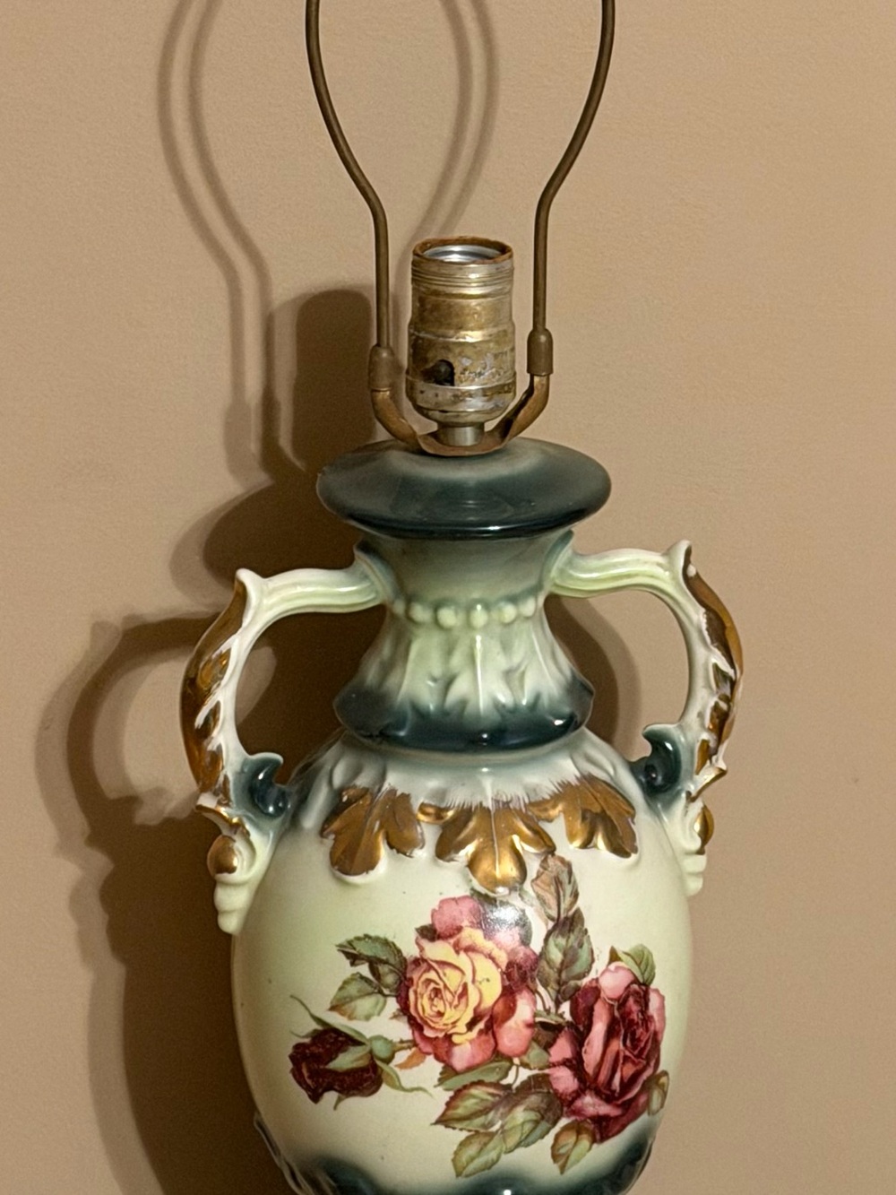 Antique Hand Painted Roses Porcelain Table Lamp With Brass Base Ullrich Style